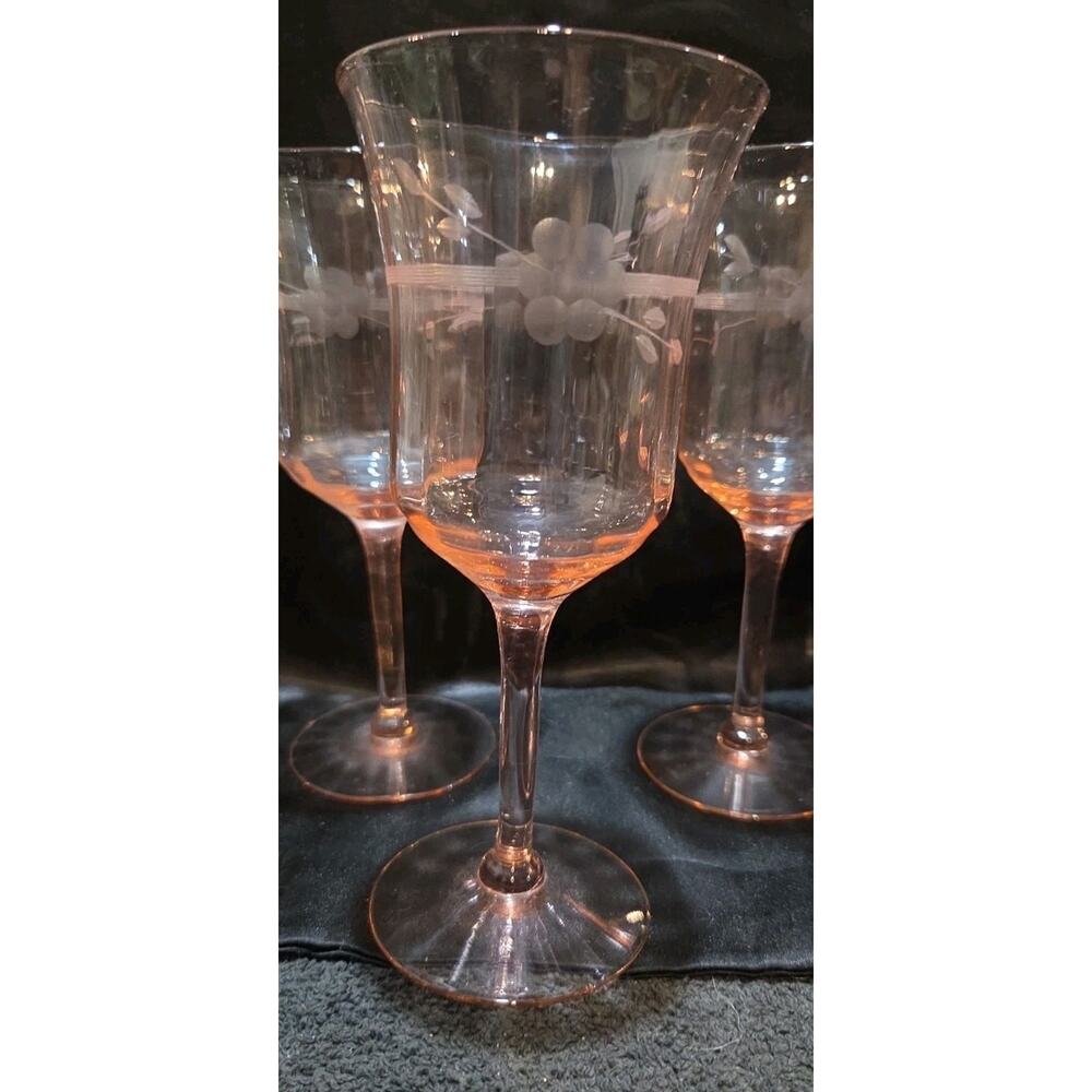 Set Of 4 Pink Depression Glass Water Goblets Etched Flowers 7 In - Picture 5 of 8